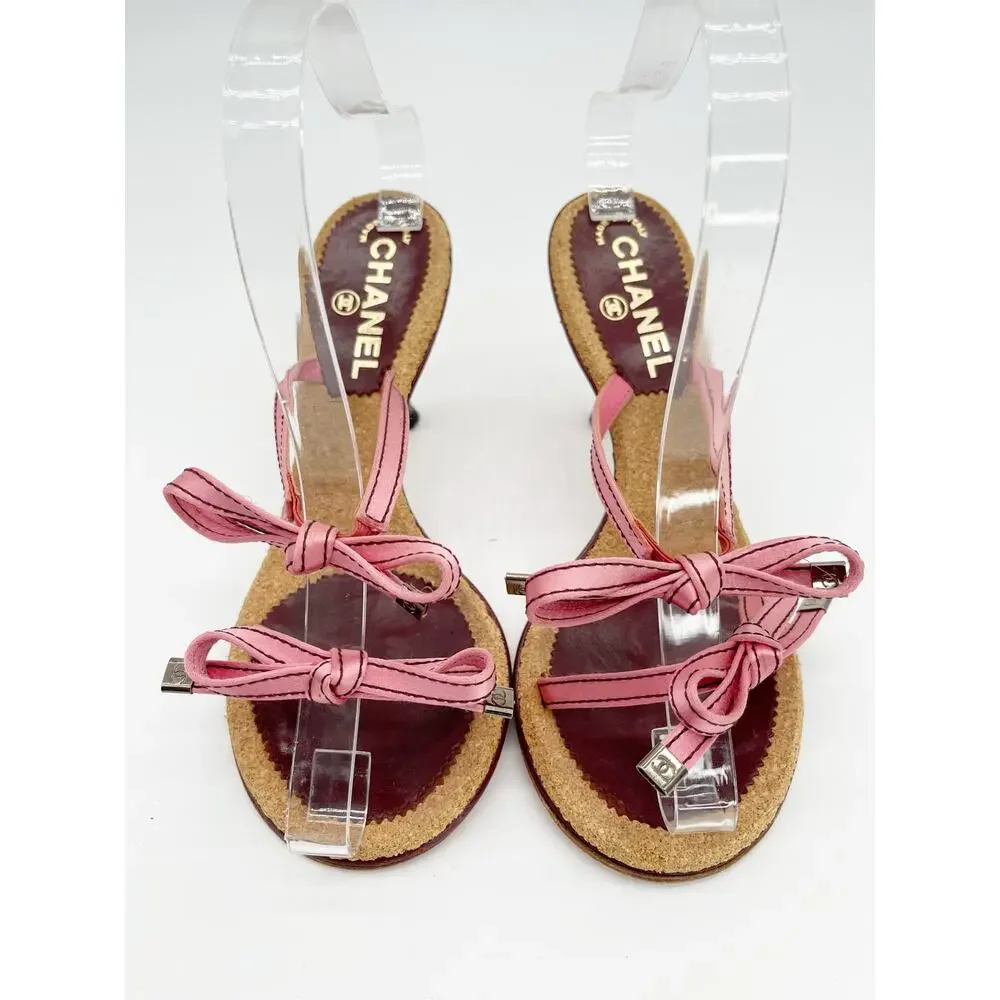 Chanel Vintage Pink Double Strap Satin Bow Cork Sole Slide Sandal Heels EU 37.5